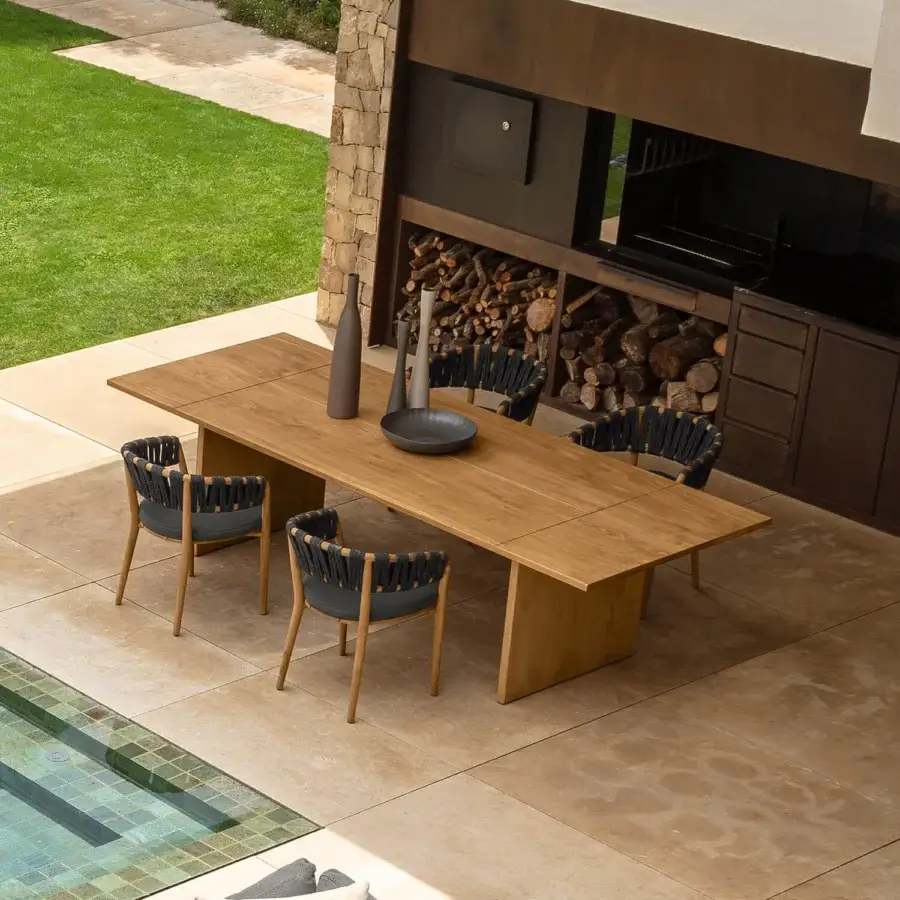 Distinguished Talenti Venice armchair with light teak wood, dark textile and braided rope detail crafted in Italy