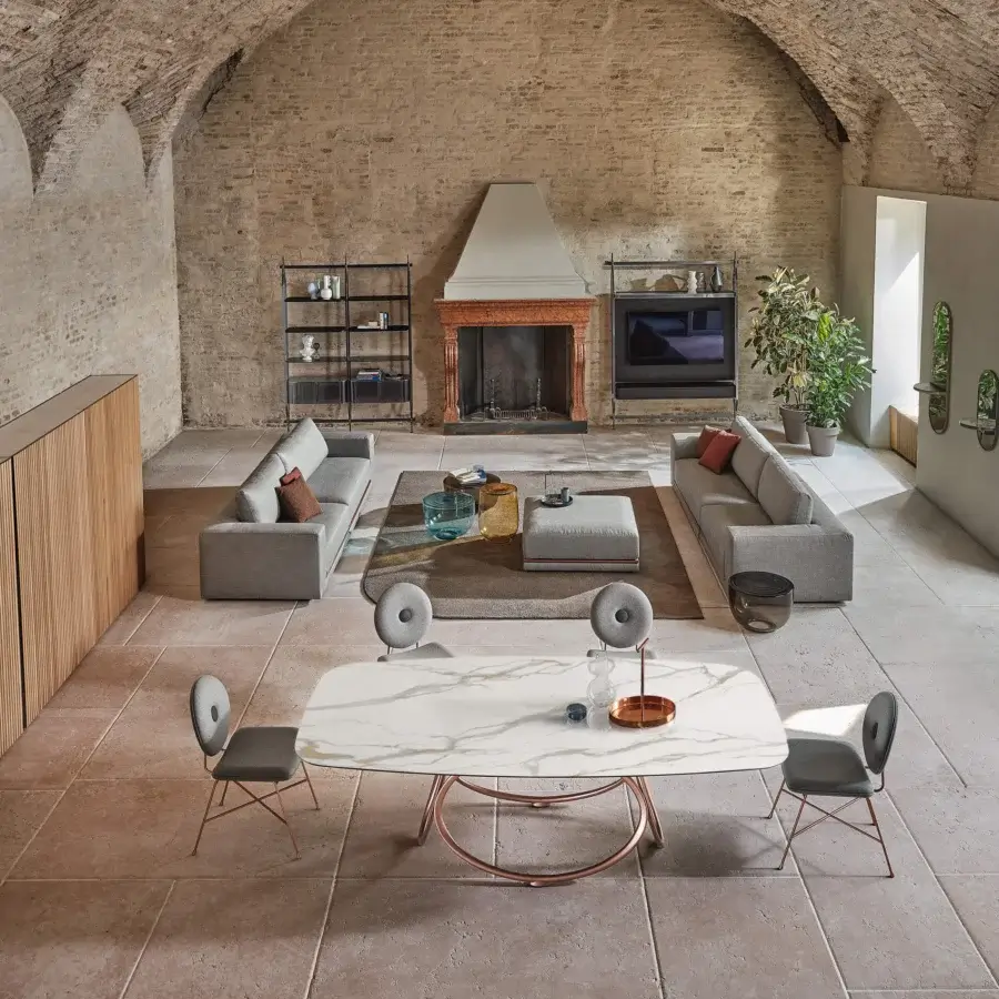Distinguished Bontempi Louis Barrel table with ethereal oval base in copper-like finish and white marble-patterned tabletop crafted in Italy