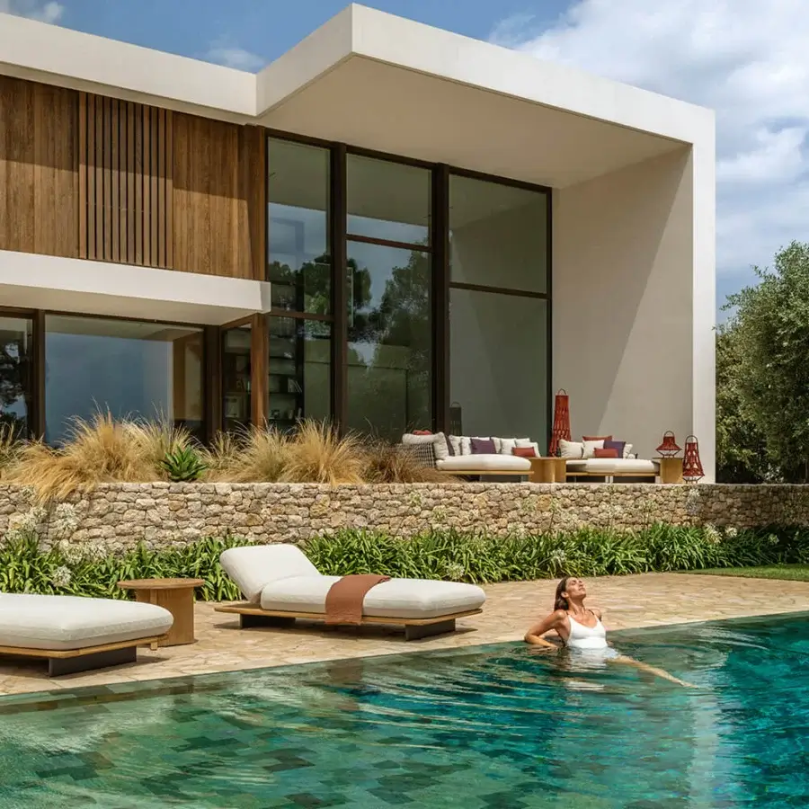 Exceptional Talenti Venice lounger with light cushions and artisan teak wood evoking lightness with a brown textile accent