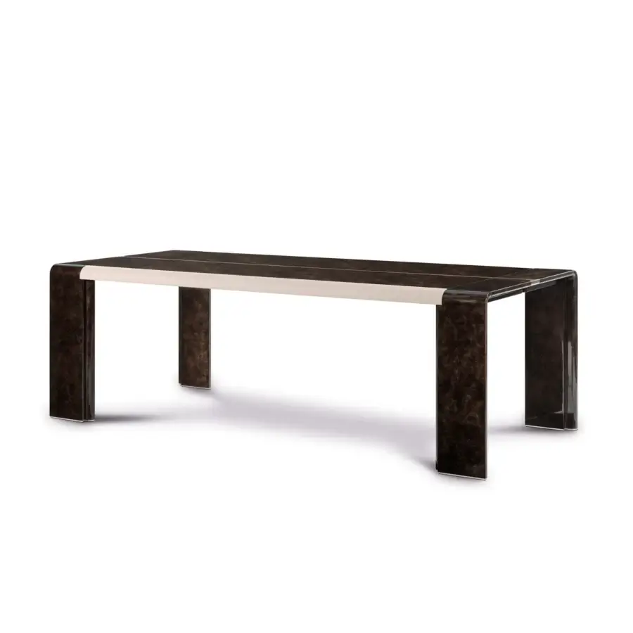 Elegant Turri Madison table with dark brown lacquered wood, cream leather inserts and lustrous gold metal detail
