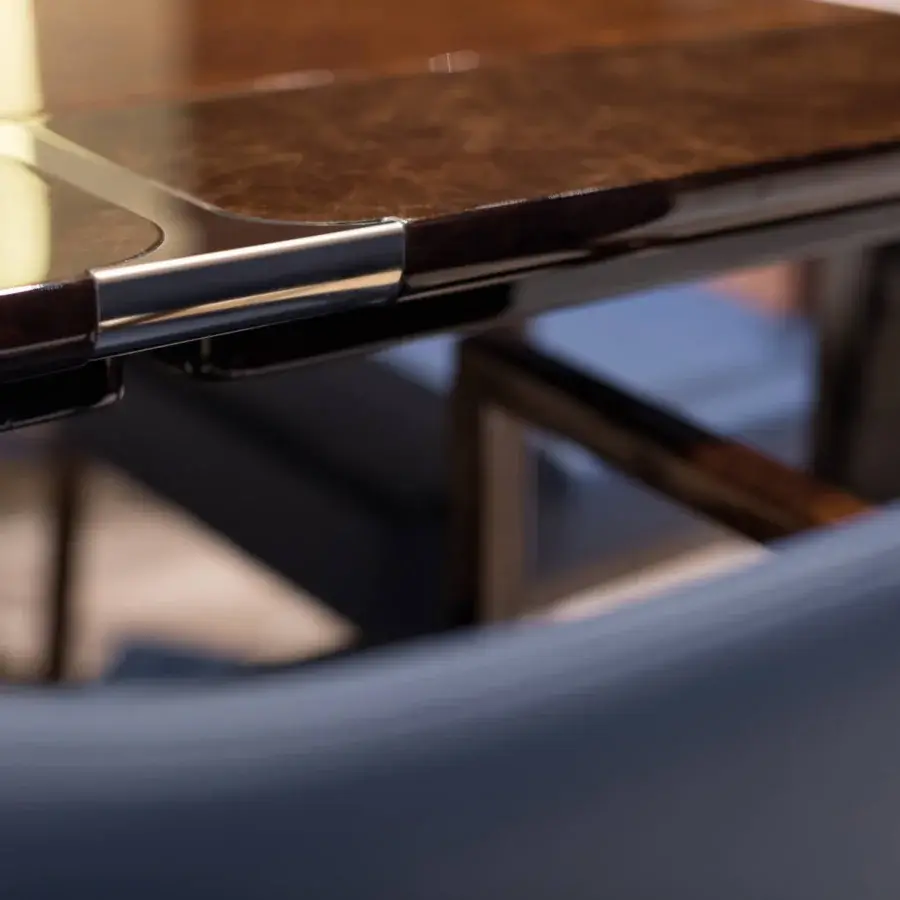 Superior Turri Madison table crafted with glossy lacquered wood, light gold metal and leather inserts in a dark brown finish
