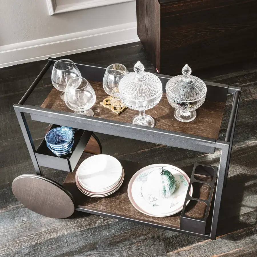 Distinguished Cattelan Italia Brandy trolley with geometric design in dark brown wood and lacquered graphite steel frame