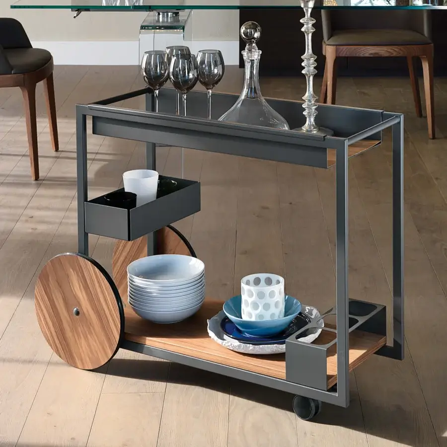 Distinguished Cattelan Italia Brandy trolley with graphite lacquered steel and wooden trays showcasing round wooden wheels