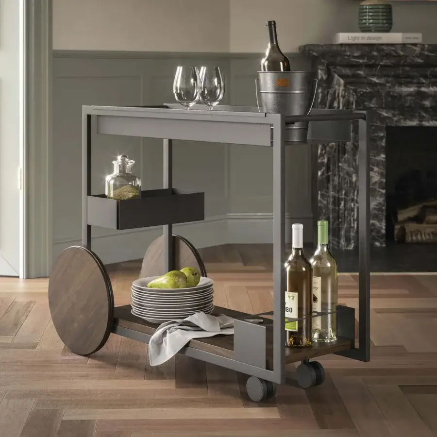 Superior Cattelan Italia Brandy trolley with geometric design in lacquered graphite steel and dark brown wooden trays