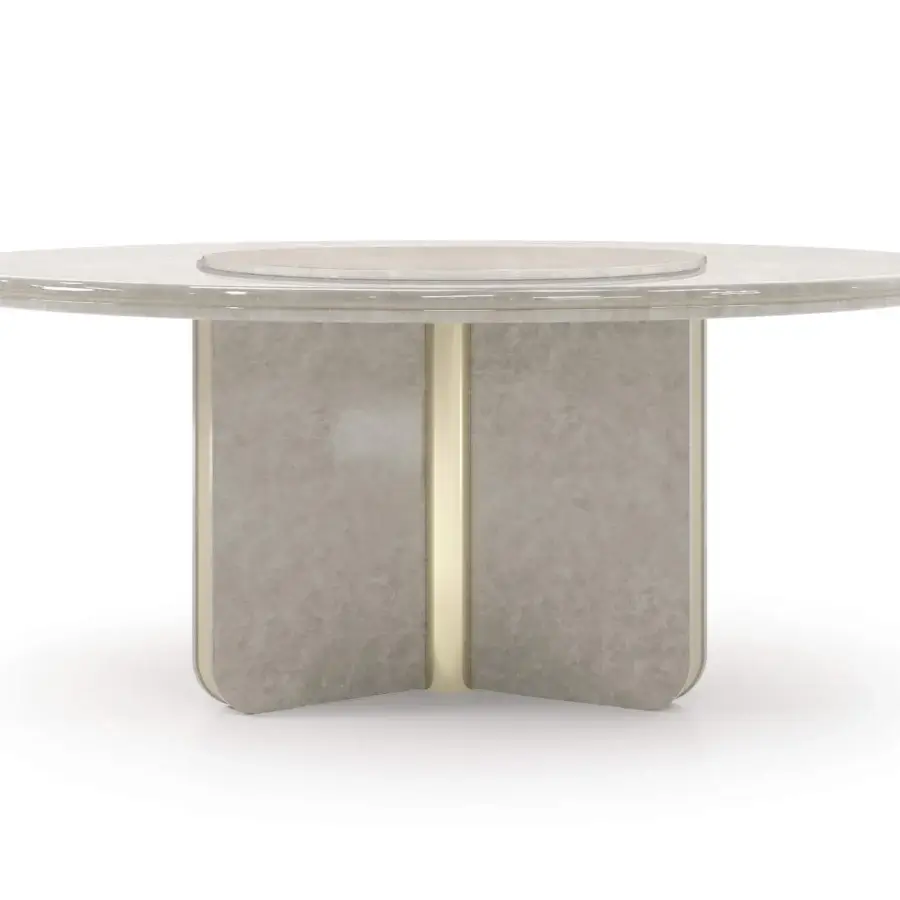 Distinguished Turri Madison table with a glossy lacquered wood tabletop and speckled light gray pattern, built with a leather-embellished base and gold metal detail