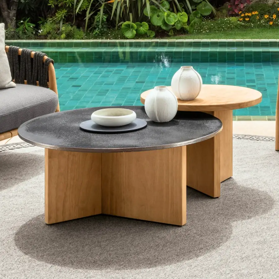 Distinguished Talenti Venice coffee table with dark textured ceramic lava stone and light accoya wood legs