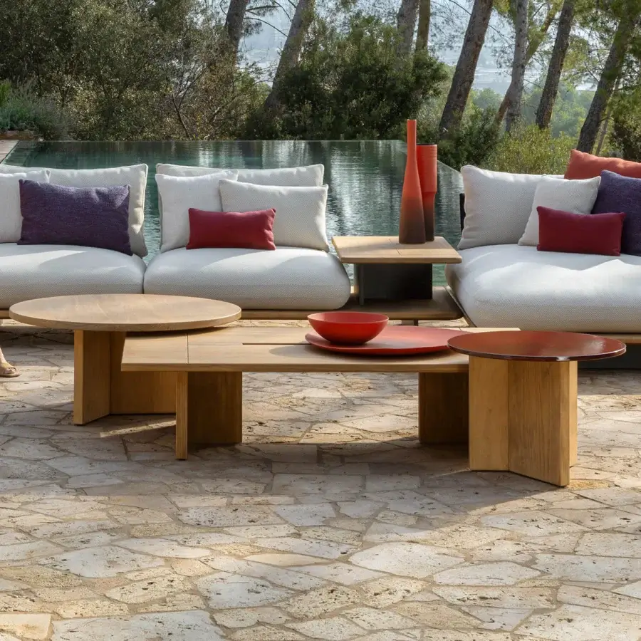Exceptional Talenti Venice coffee table with light brown accoya wood and rectangular ceramic lava stone top with smooth finish