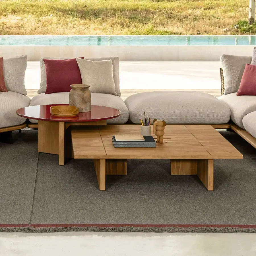 Distinguished Talenti Venice coffee table with a smooth Accoya wood frame and ceramic lava stone divided top