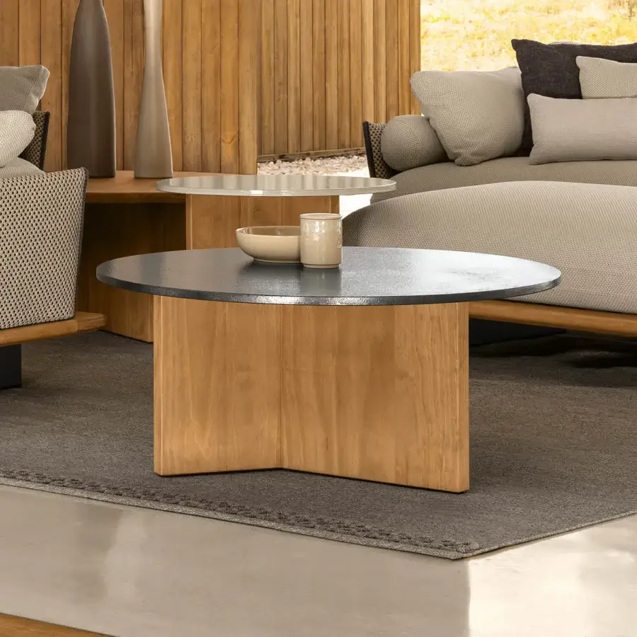 Exceptional Talenti Venice coffee table with ceramic lava stone top and light-toned Accoya wood base crafted in a triangular formation