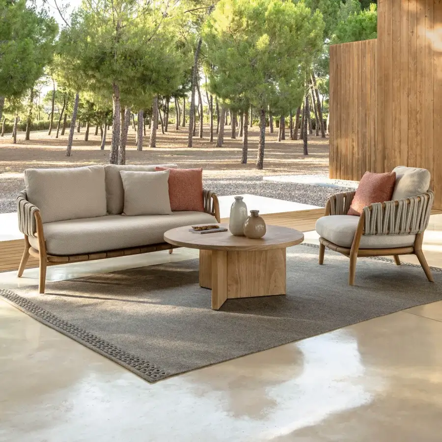 Superior Talenti Venice coffee table with ceramic lava stone top in sea-inspired shades and light brown Accoya wood base with matte finish