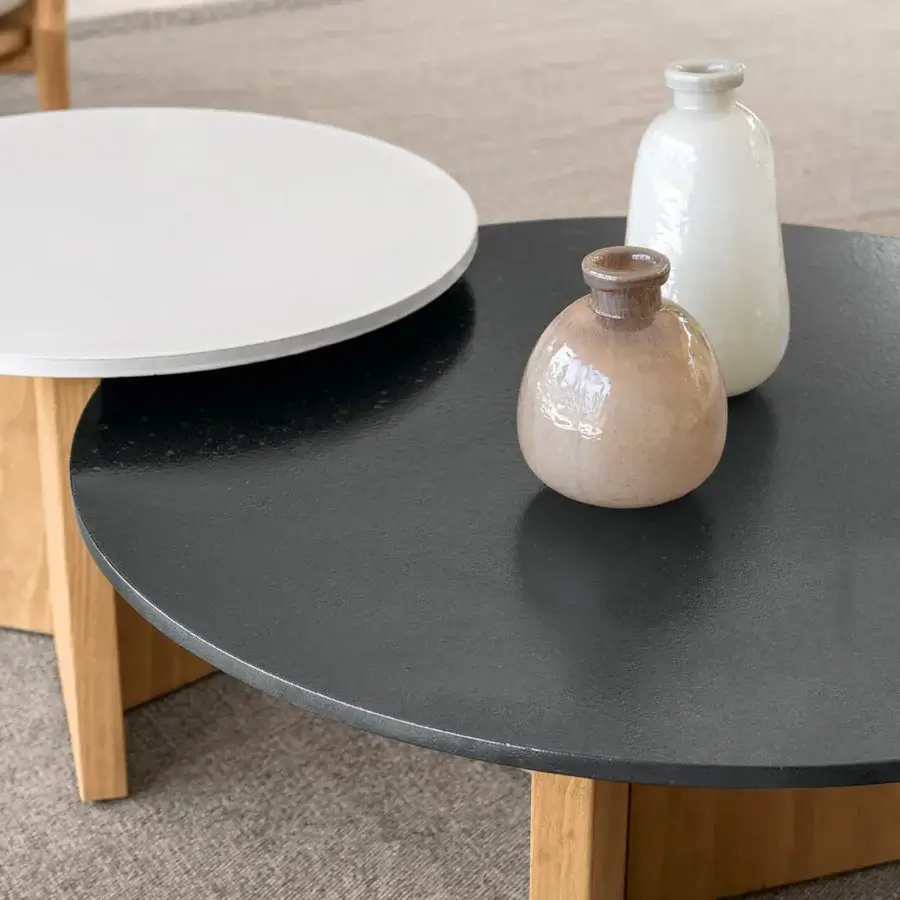 Superior Talenti Venice coffee table with black ceramic lava stone top and light accoya wood legs in a matte finish
