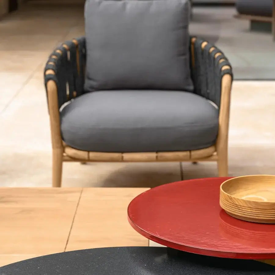 Distinguished Talenti Venice coffee table with red and black ceramic lava stone top and smooth wooden accents