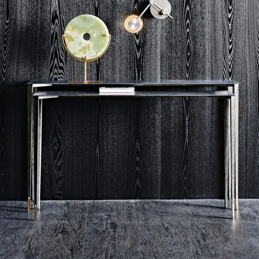 Captivating Cattelan Italia Etoile console with nested tiers in dark brushed metal and delicate brass details