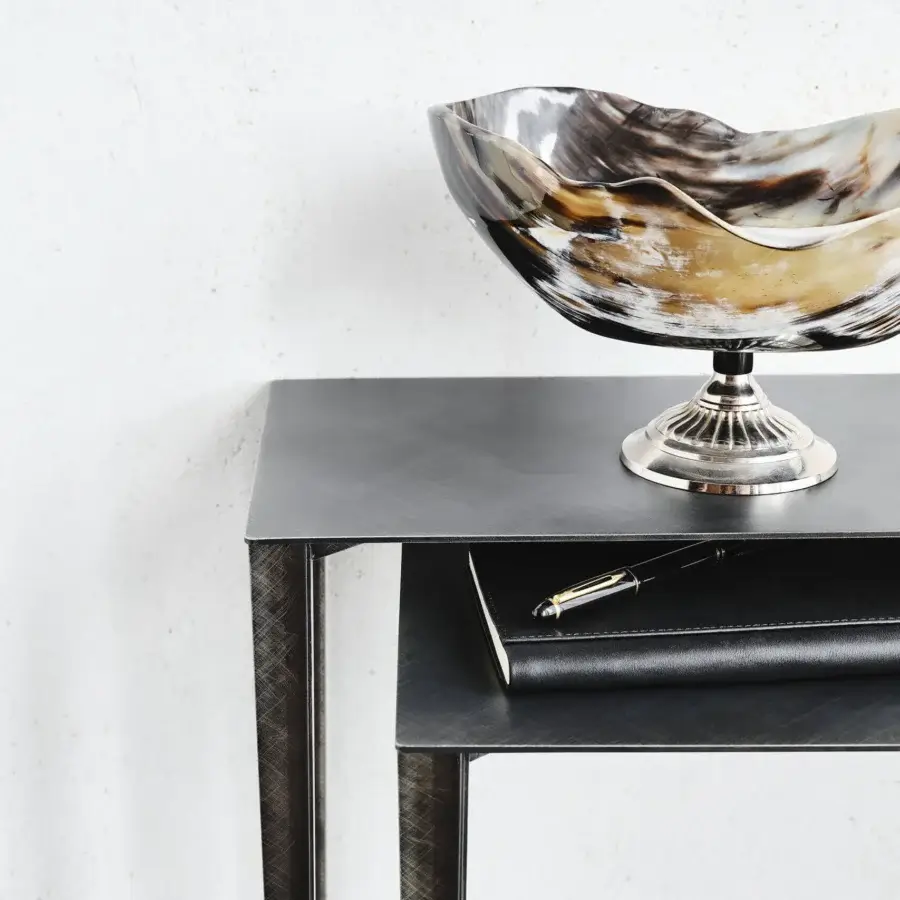 Distinguished Cattelan Italia Etoile console crafted with slender metal legs and two tiers in matte dark gray with burnished accents