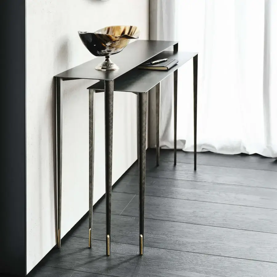 Distinguished Cattelan Italia Etoile console with slender metal legs and tiered tops in dark gray or charcoal finish with brushed gold accents