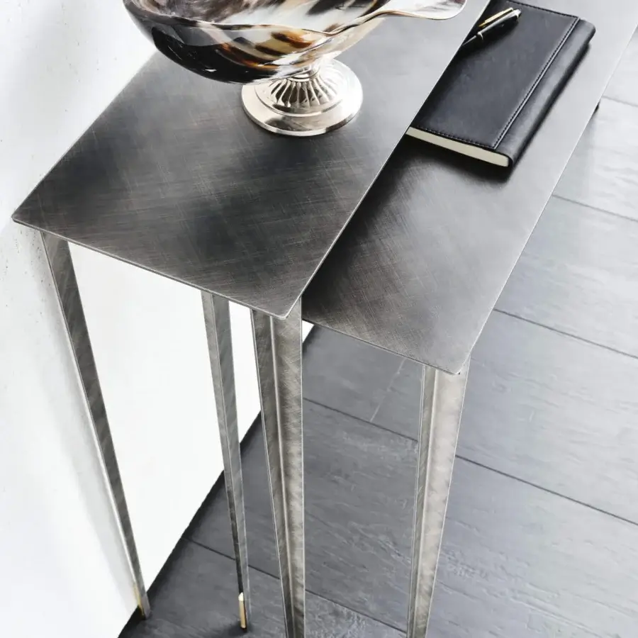 Distinguished Cattelan Italia Etoile console with intersecting slender legs and nesting tops in brushed matte metal with chic brass details
