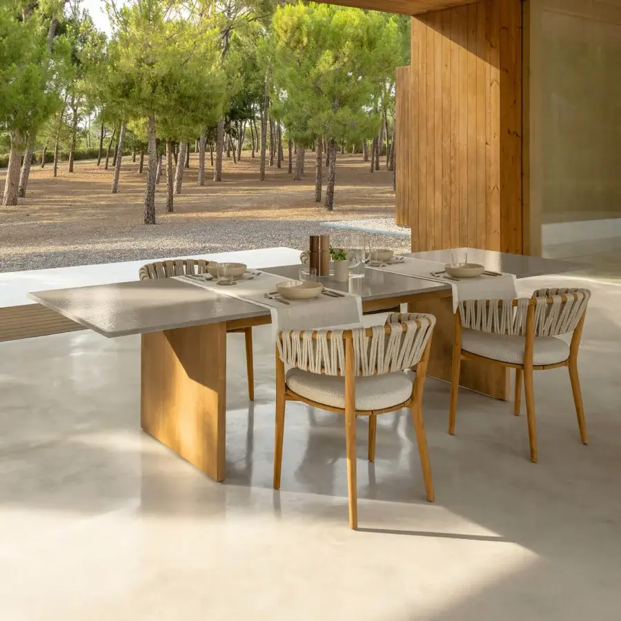 Distinguished Talenti Venice table with light gray lava stone tabletop in glossy ceramic and light wood base with satin finish