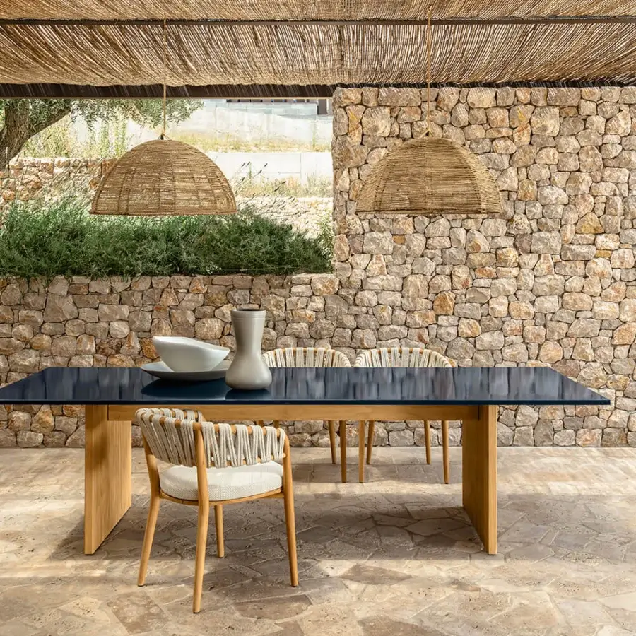 Exceptional Talenti Venice table with glossy ceramic lava stone top and natural light wood base