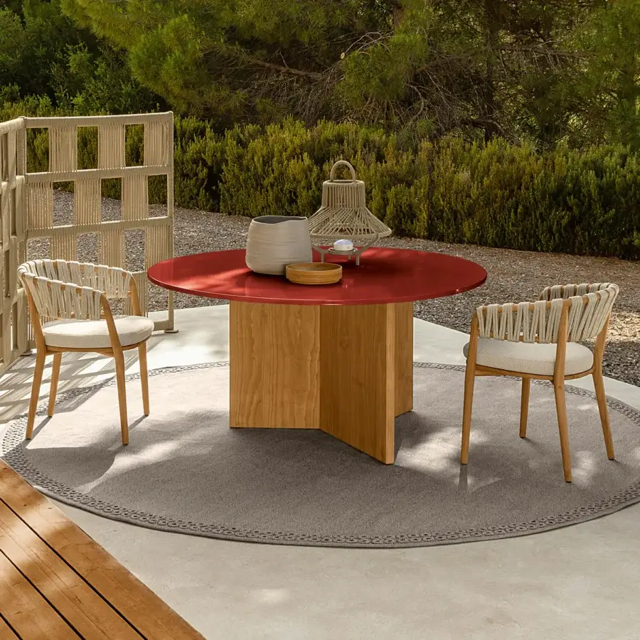 Superior Talenti Venice table with glossy ceramic lava stone top and light-toned wooden crossed plank base