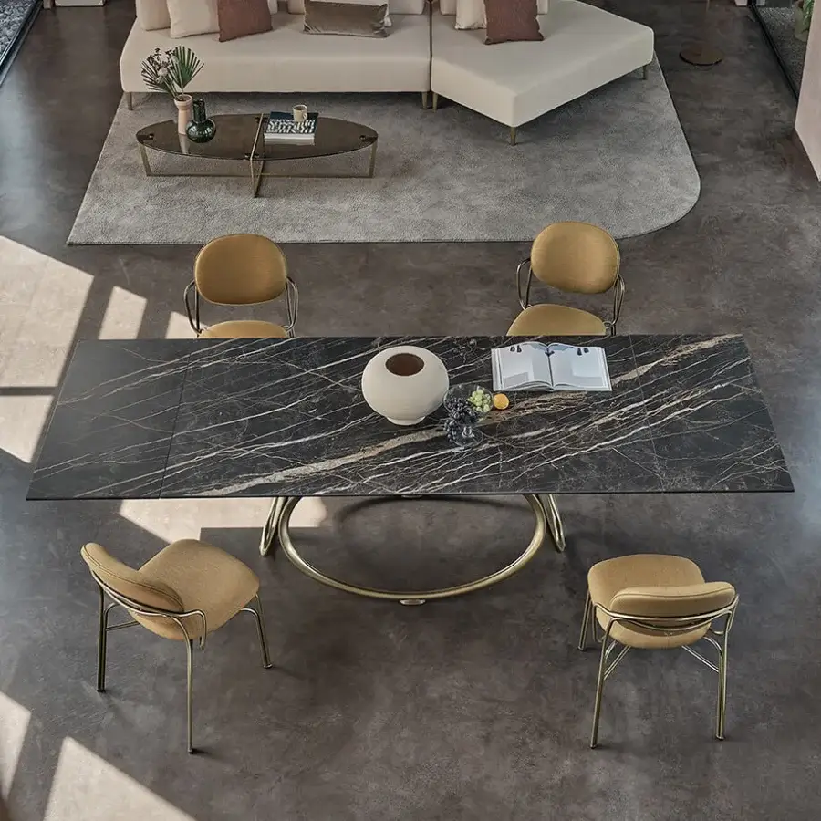 Exceptional Bontempi Louis rectangular extendable table with a dark smooth tabletop and sculptural metal base crafted in Italy
