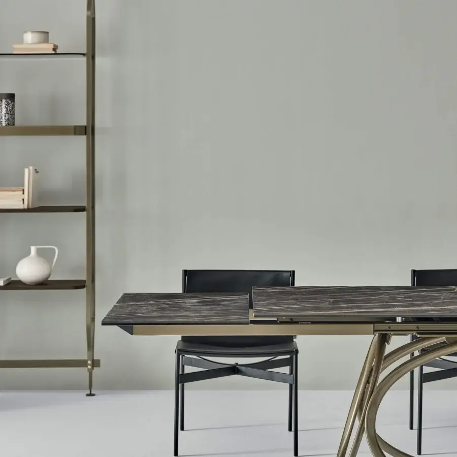 Distinguished Bontempi Louis rectangular extendable table with a dark linearly patterned tabletop and bronze-like metallic frame