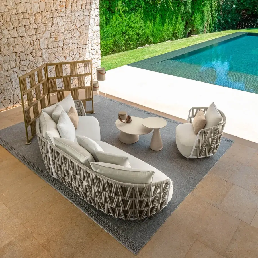 Superior Talenti Swipe lounge chair with light beige cushions and geometric woven padded rope in a matte finish