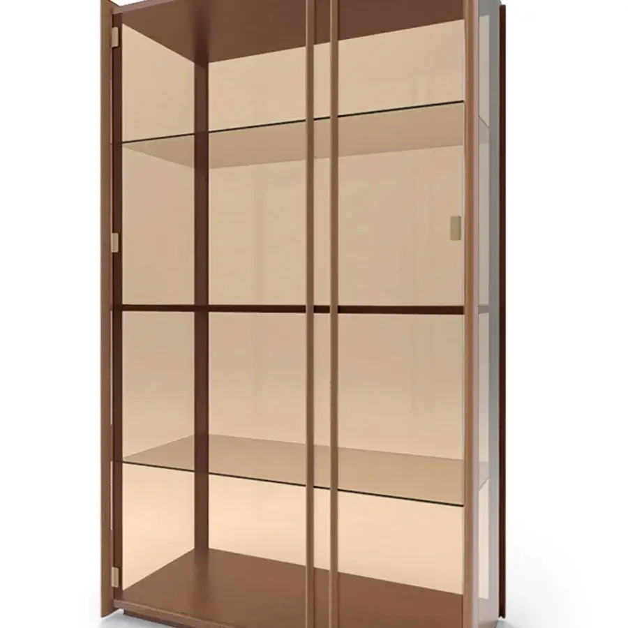 Distinguished Pacini & Cappellini Bay showcase with clear glass and solid Canaletto walnut, presenting a medium brown finish