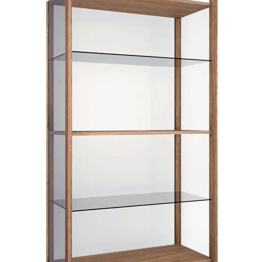 Superior Pacini & Cappellini Bay showcase with light brown solid ash frame and clear glass panels