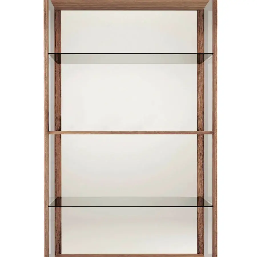 Distinguished Pacini & Cappellini showcase built with solid Canaletto walnut and clear glass shelves exhibiting refined contemporary design