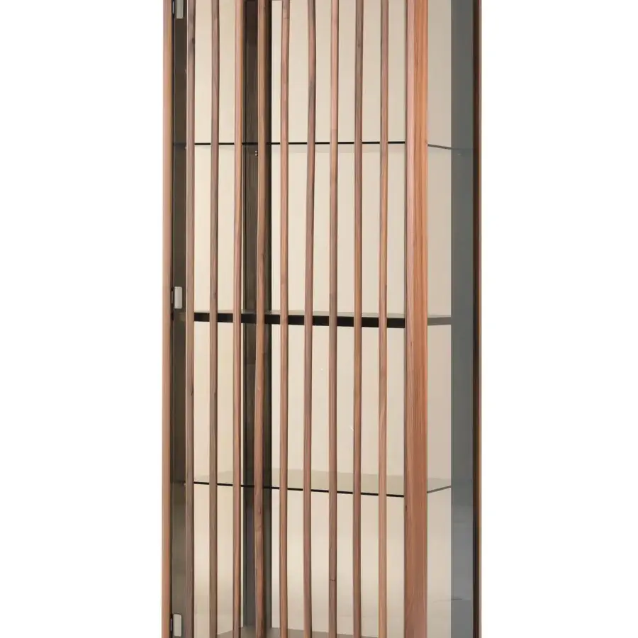 Superior Pacini & Cappellini showcase built with solid ash and clear glass with a vertically slatted light brown frame