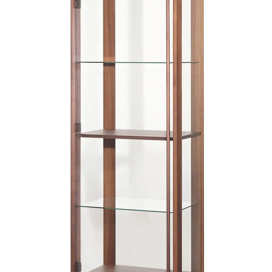 Elegant Pacini & Cappellini Bay showcase built with Canaletto walnut and clear glass shelves with a medium-tone stain