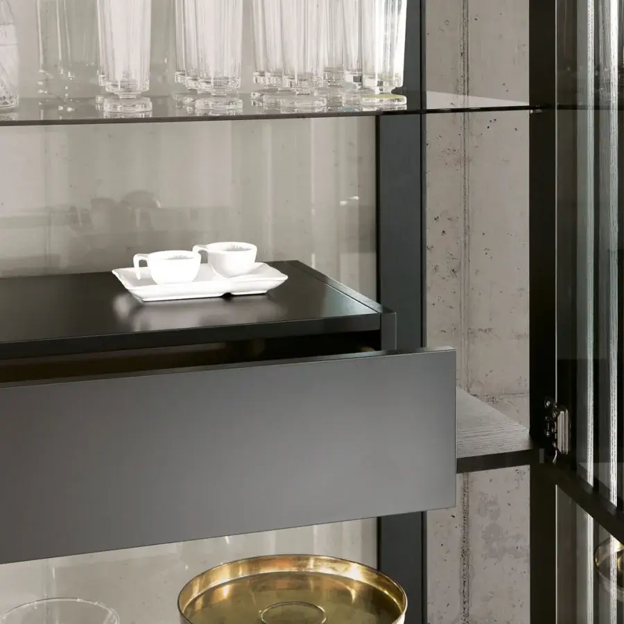 Superior Pacini & Cappellini Bay showcase with solid ash structure and clear glass, exhibiting a matte finish