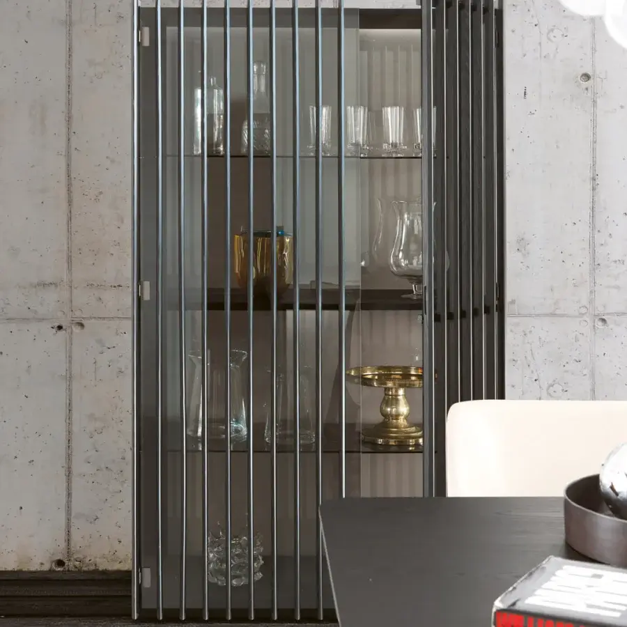 Superior Pacini & Cappellini Bay showcase with solid ash structure and clear glass in dark gray matte finish with vertical metal slats