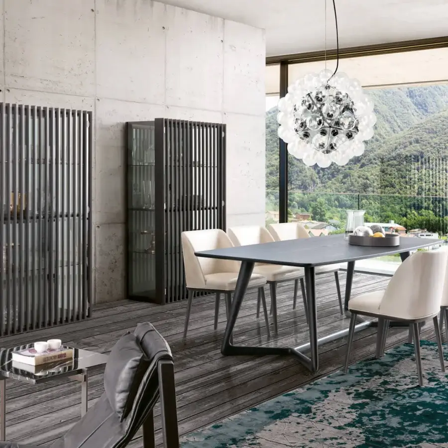 Elegant Pacini & Cappellini Bay showcase with ash or Canaletto walnut, clear or smoke glass and dark wood finish