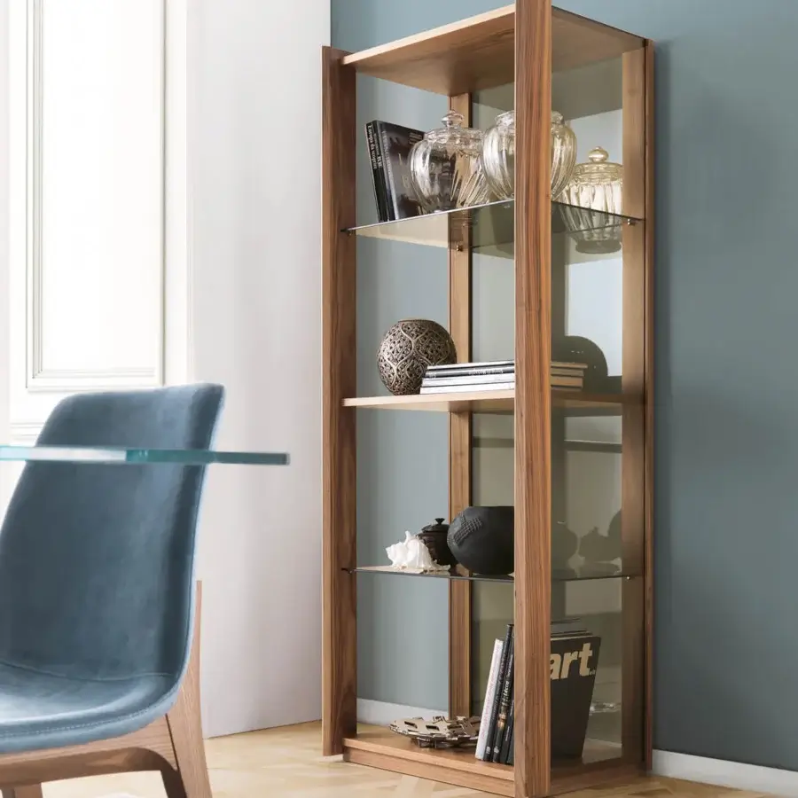 Superior Pacini & Cappellini Bay showcase with solid ash, clear glass shelving and smooth matte medium-toned brown finish
