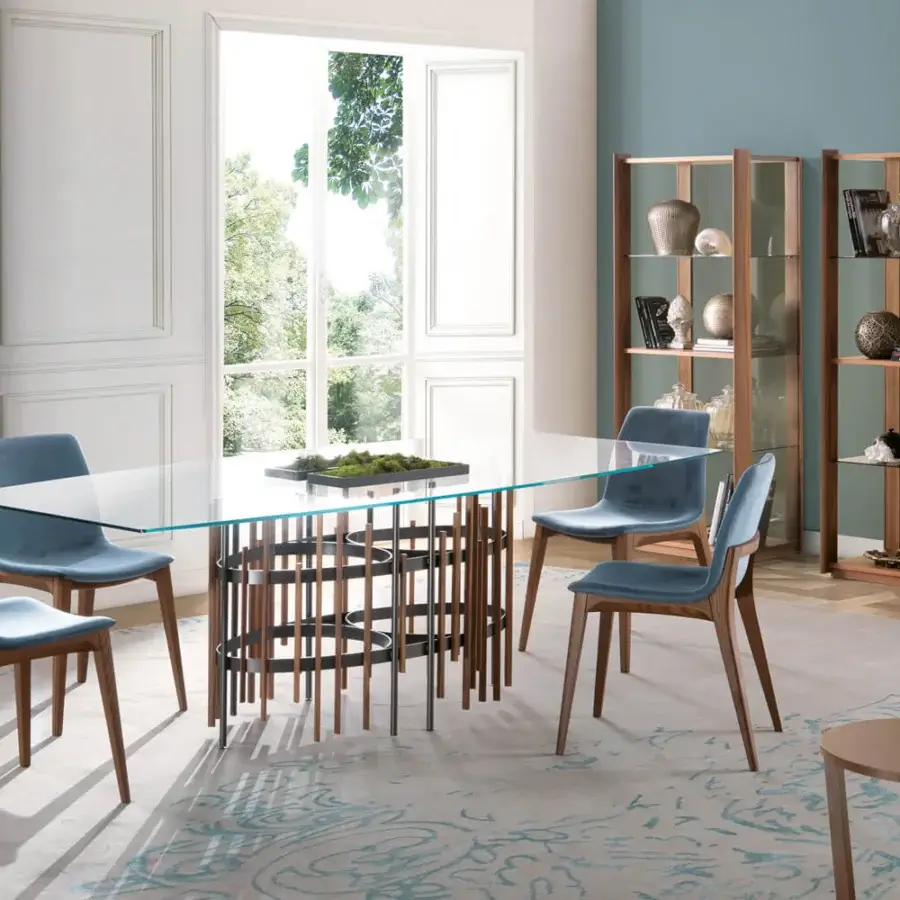 Superior Pacini & Cappellini Bay showcase with Canaletto walnut and clear glass creating a contemporary display piece