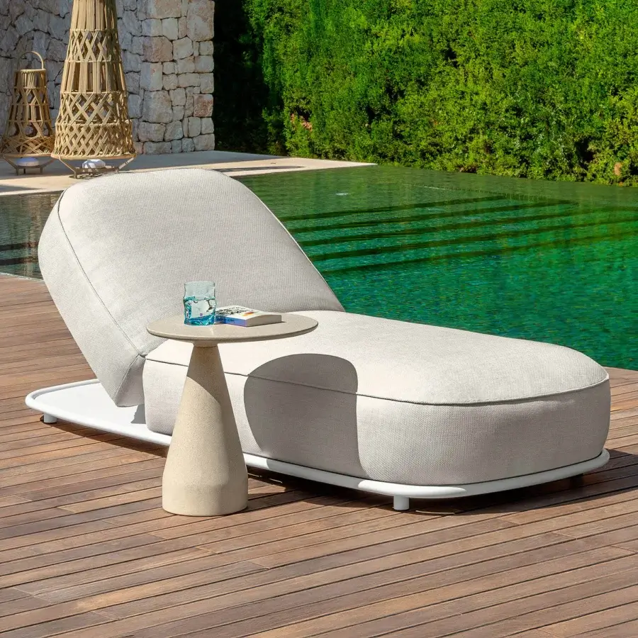 Distinguished Talenti Swipe lounger with light gray woven upholstery and matte white metal frame