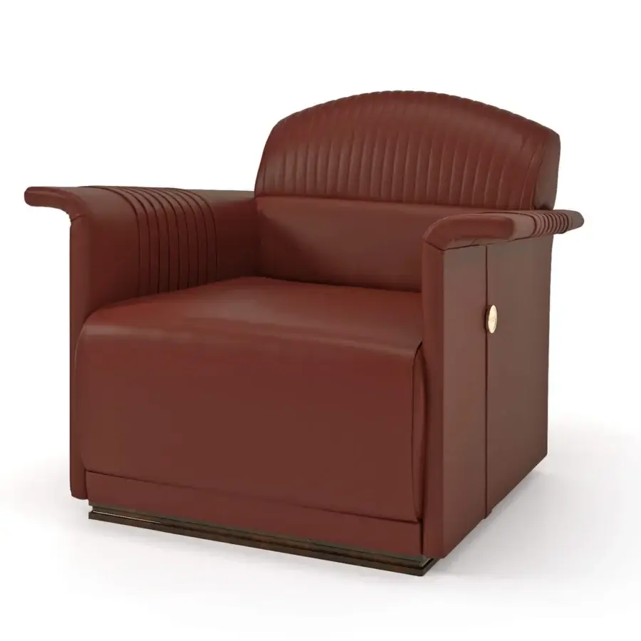 Superior Turri Madison lounge chair upholstered in reddish-brown leather with vertical backrest lines and a dark wooden base