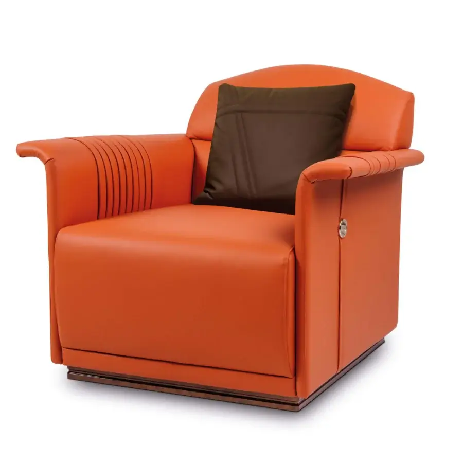 Superior Turri Madison lounge chair upholstered in vibrant orange leather with stylish embroidery and recessed wooden base