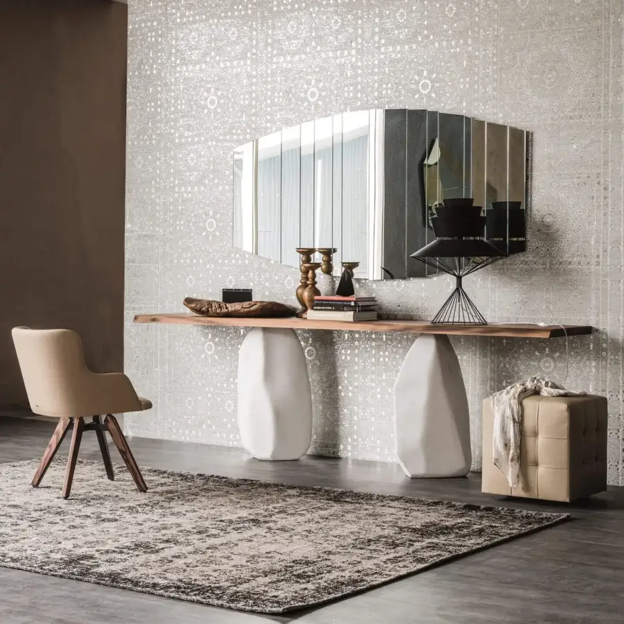 Distinguished Cattelan Italia Rapa Nui console with a floating solid wood top and sculpted matte white base offering contemporary contrast