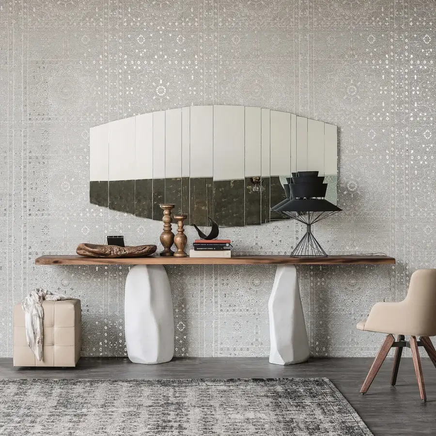 Distinguished Cattelan Italia Rapa Nui console with a natural-toned solid wood top and matte white monoliths exhibiting irregular shapes and finish
