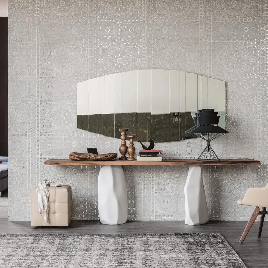 Exceptional Cattelan Italia Rapa Nui console with a light brown solid wood top and sculptural white monoliths in a smooth matte finish