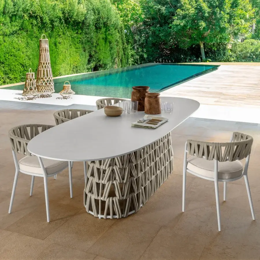 Distinguished Talenti Swipe table with light gray stoneware and a textured base crafted in beige and light gray woven strings