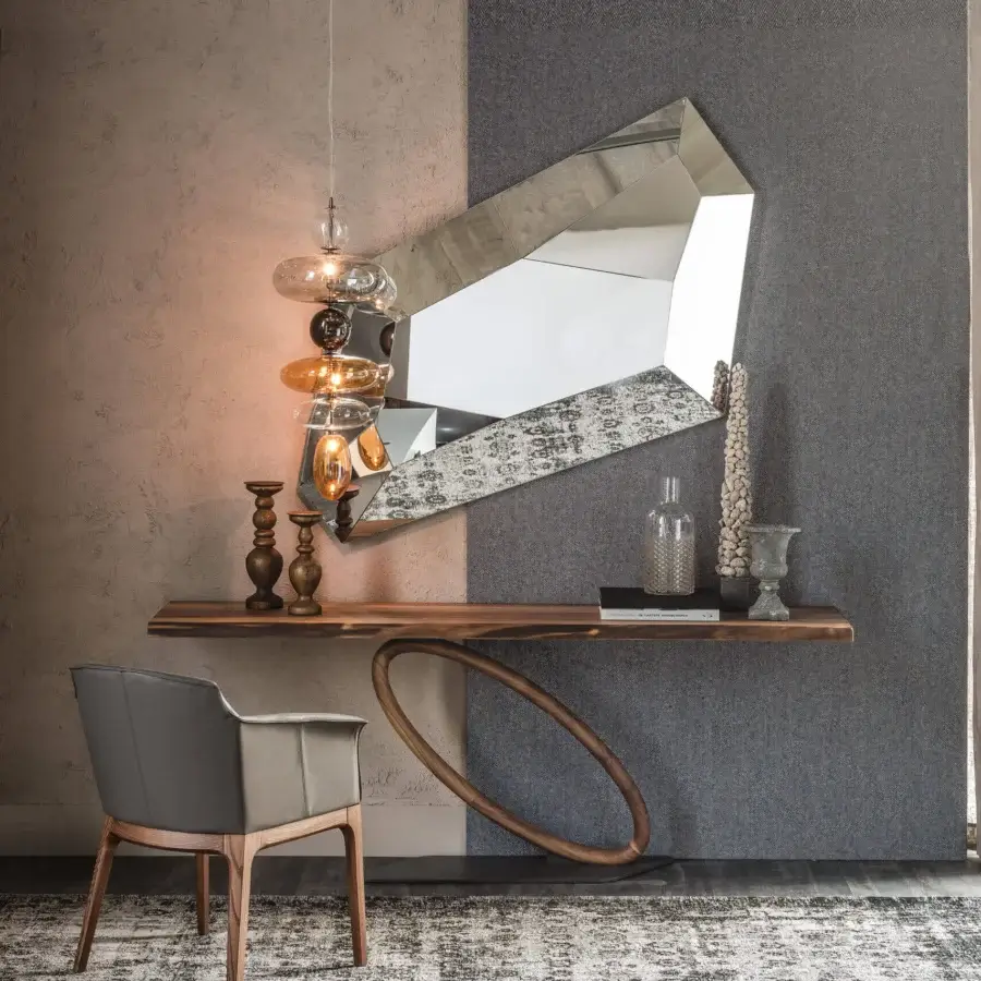 Distinguished Cattelan Italia Tour console with irregular wood top and looping solid wood base crafted with a smooth finish