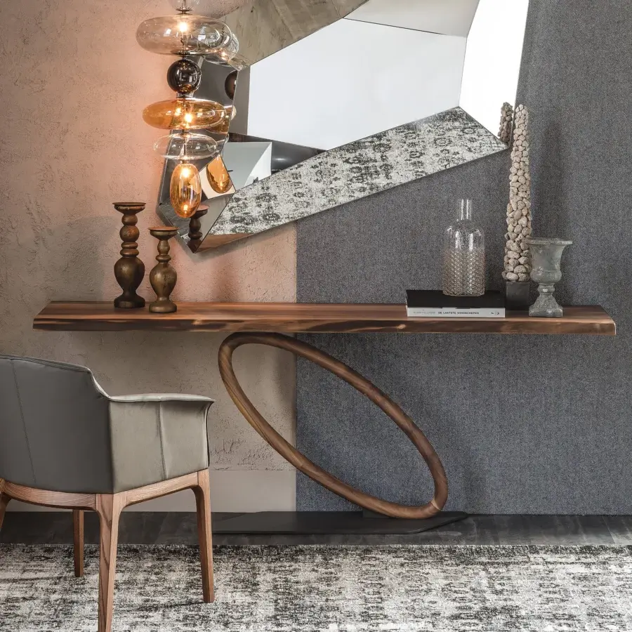 Distinguished Cattelan Italia Tour console with a live edge wood top and sculptured oval base in a natural matte finish