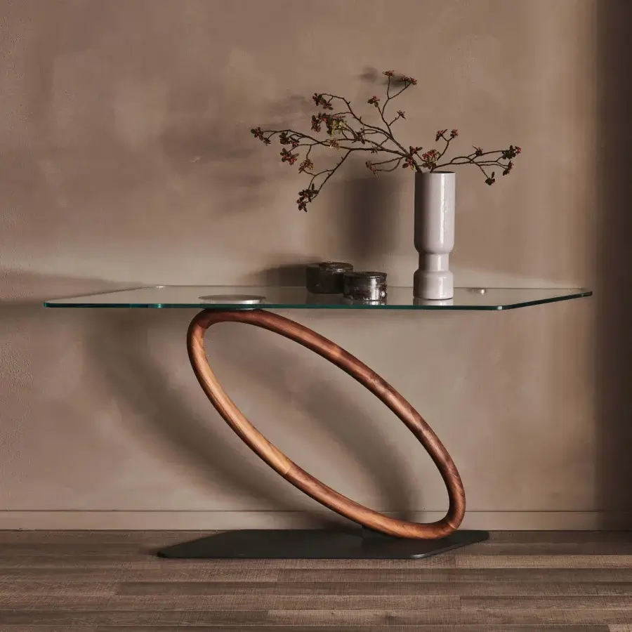 Superior Cattelan Italia Tour console with a transparent glass top and sculptural brown wood oval ring base