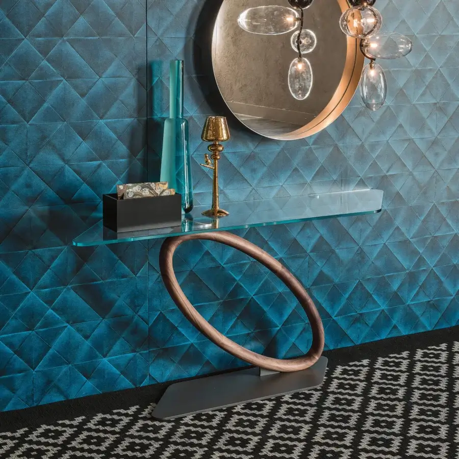 Distinguished Cattelan Italia Tour console with a clear glass top and sculptured medium-toned wooden ring supported by a dark gray metal base