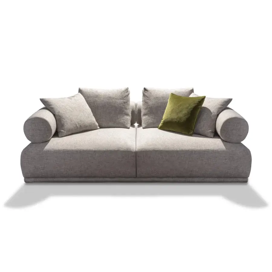 Pacini&Cappellini hills sofa, gray textured fabric, low profile three-seater with olive-green velvet cushion and cylindrical bolster pillows.