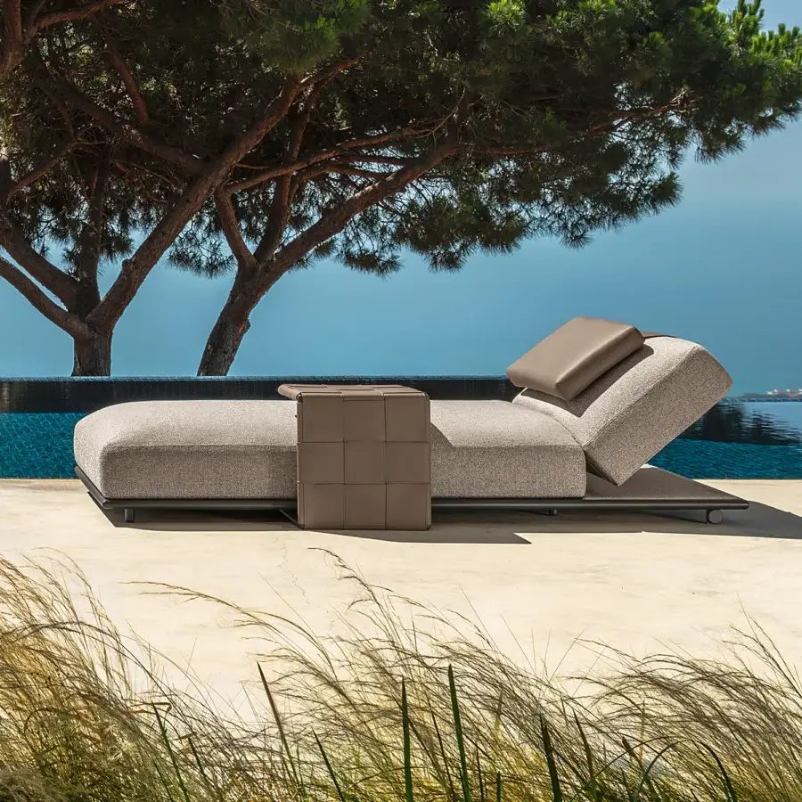 Lavish Talenti Tressé side table crafted in Italy with woven light brown eco-leather bands and matte finish