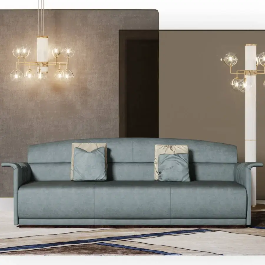Distinguished Turri Madison sofa with muted teal-blue textile upholstery and sophisticated vertical embroidery on the backrest built with a dark wooden base